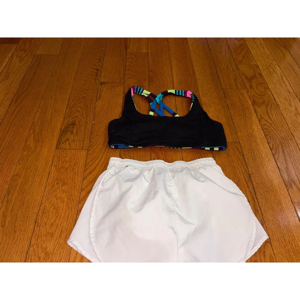 Nike Dri-FIT White Shorts and Ivivva Striped Crisscross Sports Bra Set Kids M